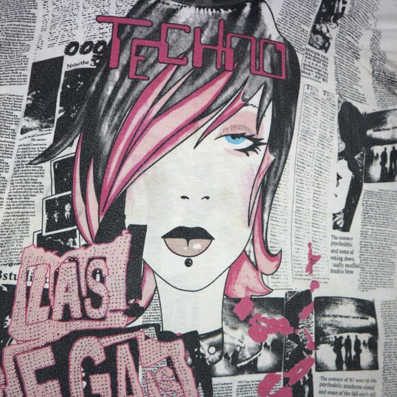 MXM Techno Y2K Newspaper Print Womens Tee - Picture 3 of 6